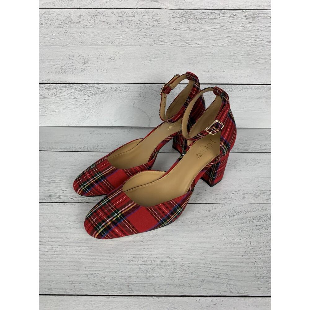 J. Crew Women's 7.5 Red Stewart Tartan Plaid Ankle Strap Block Heel Heels Shoes